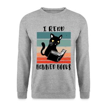 Ich lese verbotene Bücher Katze - Unisex Pullover - Weißgrau meliert - Vorne - Alina (178cm) & Michal (187cm)