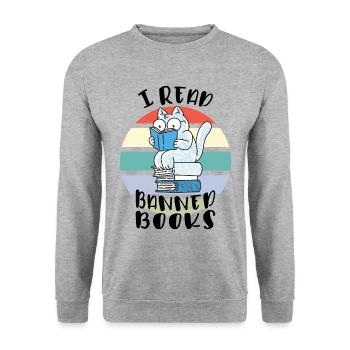 Ich lese verbotene Bücher Katze - Unisex Pullover - Weißgrau meliert - Vorne - Alina (178cm) & Michal (187cm)