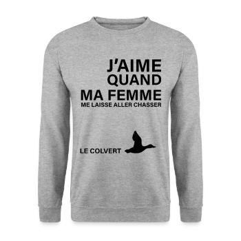 Chasse, mari et canard colvert - Sweat-shirt Unisexe - gris chiné - Devant - Alina (178cm) & Michal (187cm)