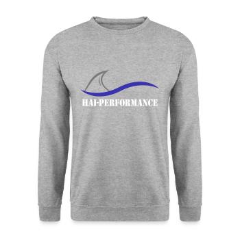 Haifischflosse Hai Performance Lustig - Unisex Pullover - Weißgrau meliert - Vorne - Alina (178cm) & Michal (187cm)