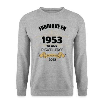 Fabriqué En 1953 Né En 1953 70 Ans Anniversaire - Sweat-shirt Unisexe - gris chiné - Devant - Alina (178cm) & Michal (187cm)