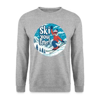 « Skie plus tard ! » Illustration de skieur dynamique - Sweat-shirt Unisexe - gris chiné - Devant - Alina (178cm) & Michal (187cm)