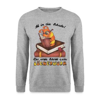Niedlicher Bücherwurm Geschenk Lesen Schulkind - Unisex Pullover - Weißgrau meliert - Vorne - Alina (178cm) & Michal (187cm)