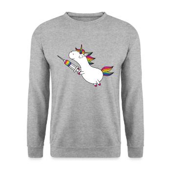Licorne Immunicorn avec seringue arc-en-ciel - Sweat-shirt Unisexe - gris chiné - Devant - Alina (178cm) & Michal (187cm)