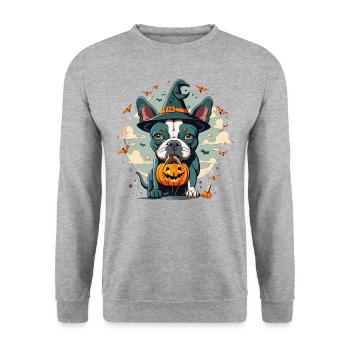 Hexe Hund: Bezaubernd! Halloween - Unisex Pullover - Weißgrau meliert - Vorne - Alina (178cm) & Michal (187cm)