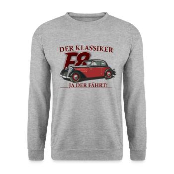 F8 Klassiker Oldtimer - Unisex Pullover - Weißgrau meliert - Vorne - Alina (178cm) & Michal (187cm)