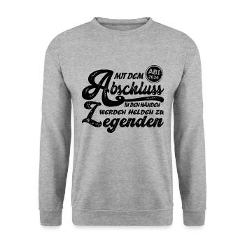 Abi 2024 Abschluss Helden zu Legenden Geschenk - Unisex Pullover - Weißgrau meliert - Vorne - Alina (178cm) & Michal (187cm)