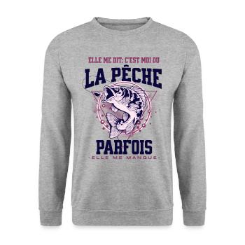 elle me dit , c'est moi ou la pêche... - Sweat-shirt Unisexe - gris chiné - Devant - Alina (178cm) & Michal (187cm)