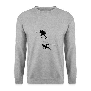 Lustiges Kletter und Wanderdesign - Unisex Pullover - Weißgrau meliert - Vorne - Alina (178cm) & Michal (187cm)