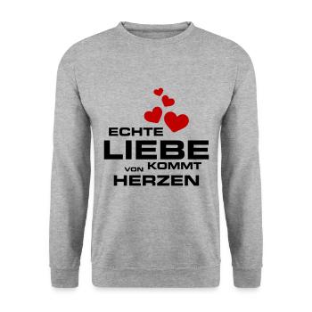 Liebeserklärung Liebe Kommt von Herzen Spruch - Unisex Pullover - Weißgrau meliert - Vorne - Alina (178cm) & Michal (187cm)