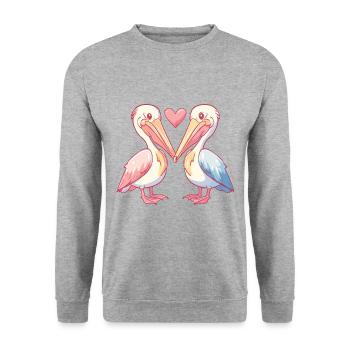 Pelikan Vogel Paar Verliebt Valentinstag - Unisex Pullover - Weißgrau meliert - Vorne - Alina (178cm) & Michal (187cm)