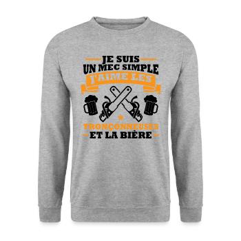Un mec simple j aime les tronçonneuses et la bière - Sweat-shirt Unisexe - gris chiné - Devant - Alina (178cm) & Michal (187cm)