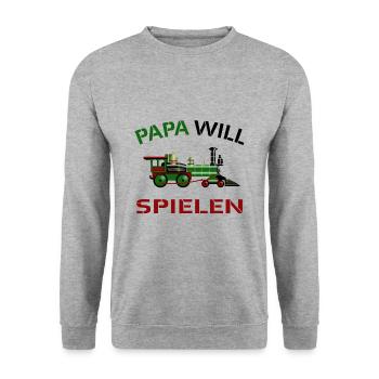 Modelleisenbahn Modellbahn Papa will spielen - Unisex Pullover - Weißgrau meliert - Vorne - Alina (178cm) & Michal (187cm)