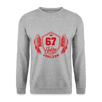 67 Zahl Wappen - Unisex Pullover - Weißgrau meliert - Vorne - Alina (178cm) & Michal (187cm)