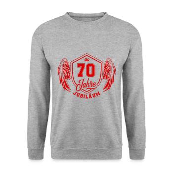 70 Zahl Wappen - Unisex Pullover - Weißgrau meliert - Vorne - Alina (178cm) & Michal (187cm)