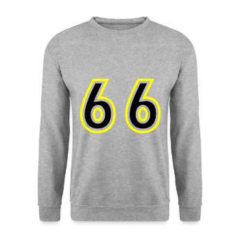66 Zahl College - Unisex Pullover - Weißgrau meliert - Vorne - Alina (178cm) & Michal (187cm)