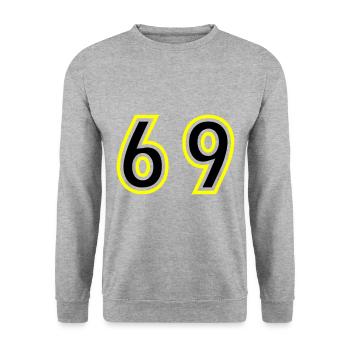 69 Zahl College - Unisex Pullover - Weißgrau meliert - Vorne - Alina (178cm) & Michal (187cm)