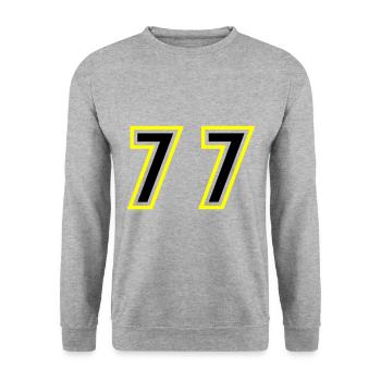 77 Zahl College - Unisex Pullover - Weißgrau meliert - Vorne - Alina (178cm) & Michal (187cm)