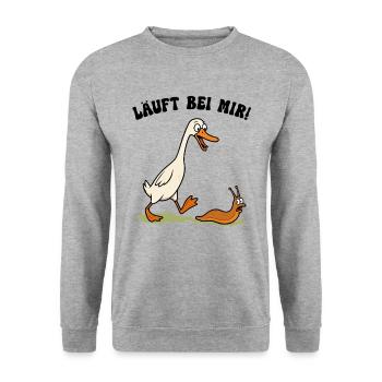 Laufente Schneckenjäger Lustiges Laufenten Ente - Unisex Pullover - Weißgrau meliert - Vorne - Alina (178cm) & Michal (187cm)