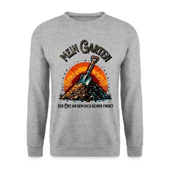 Mein Garten - lustiger Spruch - Gartenhumor - Ort - Unisex Pullover - Weißgrau meliert - Vorne - Alina (178cm) & Michal (187cm)