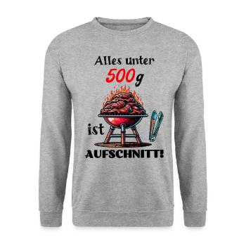 Grillen lustiger Spruch Fleisch Humor Aufschnitt - Unisex Pullover - Weißgrau meliert - Vorne - Alina (178cm) & Michal (187cm)