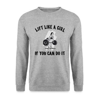 BODYBUILDING POWERLIFTING: lift like a Girl - Unisex Pullover - Weißgrau meliert - Vorne - Alina (178cm) & Michal (187cm)