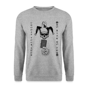 Carte Joker « No Risk No Fun » - Sweat-shirt Unisexe - gris chiné - Devant - Alina (178cm) & Michal (187cm)
