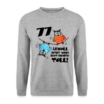 Eulen Frauen Männer 77. Geburtstag 77 Jahre - Unisex Pullover - Weißgrau meliert - Vorne - Alina (178cm) & Michal (187cm)