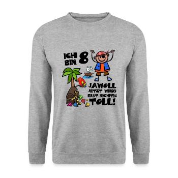 Piraten Geburtstag Junge Ich Bin 8 Jahre - Unisex Pullover - Weißgrau meliert - Vorne - Alina (178cm) & Michal (187cm)