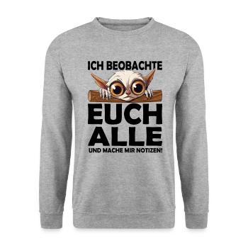 Ich beobachte euch alle Kollegengeschenk Bürohumor - Unisex Pullover - Weißgrau meliert - Vorne - Alina (178cm) & Michal (187cm)