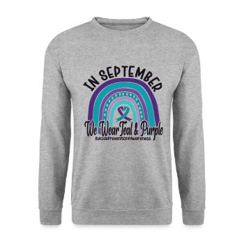 En septembre, nous portons du sarcelle et du violet - Sweat-shirt Unisexe - gris chiné - Devant - Alina (178cm) & Michal (187cm)