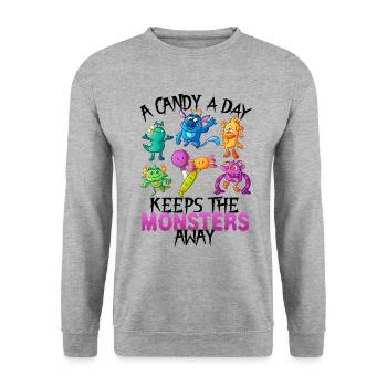 One candy a day Monster Funny Halloween - Unisex Sweatshirt - salt & pepper - Front - Alina (178cm) & Michal (187cm)