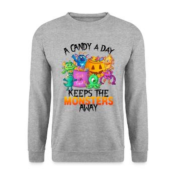 One Candy A Day Monster Funny Halloween - Unisex Sweatshirt - salt & pepper - Front - Alina (178cm) & Michal (187cm)