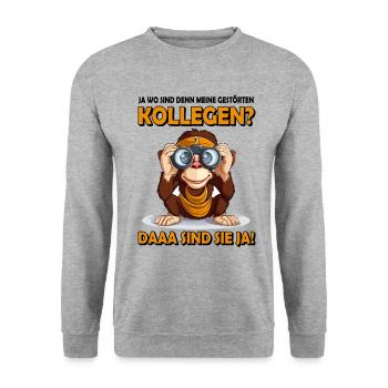 Kollegen Geschenk Wo sind denn meine Kollegen Affe - Unisex Pullover - Weißgrau meliert - Vorne - Alina (178cm) & Michal (187cm)