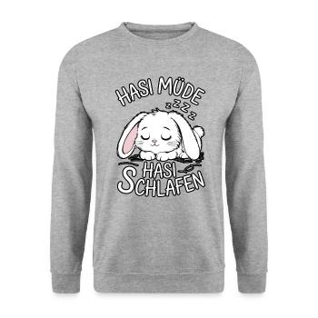 Hasi müde Hasi schlafen | Offizielles Schlafshirt - Unisex Pullover - Weißgrau meliert - Vorne - Alina (178cm) & Michal (187cm)