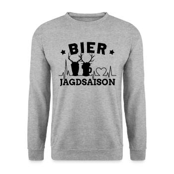 Bier lustige Sprüche Jäger jagen Bierzelt feiern - Unisex Pullover - Weißgrau meliert - Vorne - Alina (178cm) & Michal (187cm)