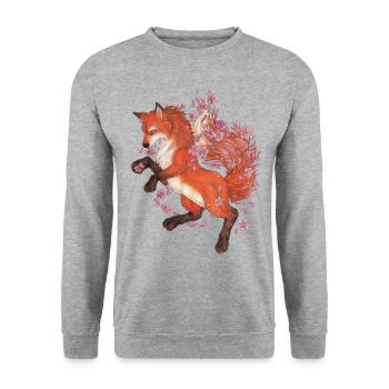 Fuchs mit Kirschblüten Sakura Fuchsliebhaber - Unisex Pullover - Weißgrau meliert - Vorne - Alina (178cm) & Michal (187cm)