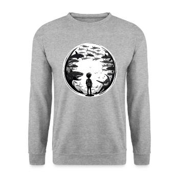 Der Junge und die Haifische - Unisex Pullover - Weißgrau meliert - Vorne - Alina (178cm) & Michal (187cm)