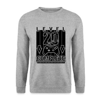 20. Geburtstag Männer Gamer Level 20 Complete - Unisex Pullover - Weißgrau meliert - Vorne - Alina (178cm) & Michal (187cm)
