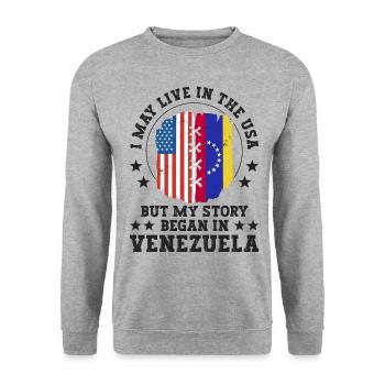 I May Live In The USA But My Story Began In - Unisex Pullover - Weißgrau meliert - Vorne - Alina (178cm) & Michal (187cm)