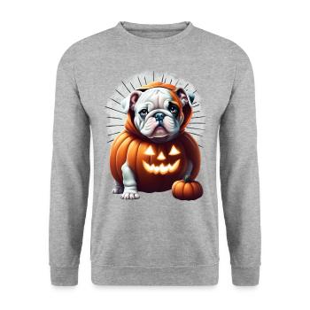 Bulldogge Halloween Hund HUNDE - Unisex Pullover - Weißgrau meliert - Vorne - Alina (178cm) & Michal (187cm)