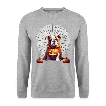 Bulldogge Halloween Hund HUNDE - Unisex Pullover - Weißgrau meliert - Vorne - Alina (178cm) & Michal (187cm)