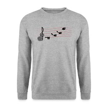 Garn Niedliche Katze Auf Musiknoten Musiker - Unisex Pullover - Weißgrau meliert - Vorne - Alina (178cm) & Michal (187cm)