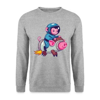 Schwein und Affe als Astronauten - Unisex Pullover - Weißgrau meliert - Vorne - Alina (178cm) & Michal (187cm)