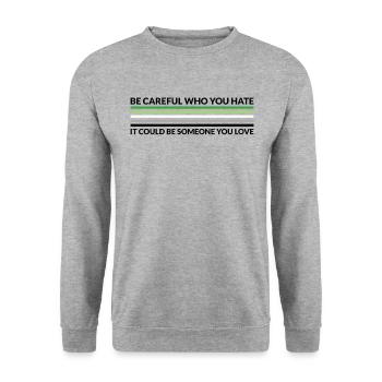 Vorsicht Wer Hasst - LGBTQ Aromantic - Unisex Pullover - Weißgrau meliert - Vorne - Alina (178cm) & Michal (187cm)
