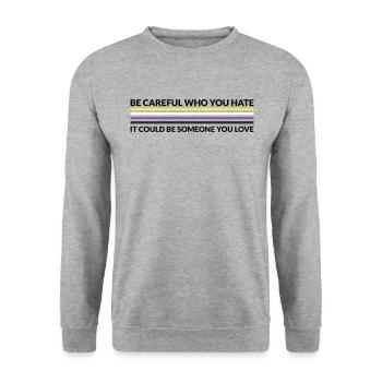 Vorsichtig, Wer Hasst - LGBTQ Nicht -binär - Unisex Pullover - Weißgrau meliert - Vorne - Alina (178cm) & Michal (187cm)