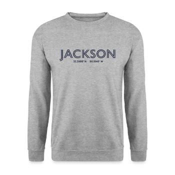 USA Stadt Koordinaten - Jackson - Unisex Pullover - Weißgrau meliert - Vorne - Alina (178cm) & Michal (187cm)