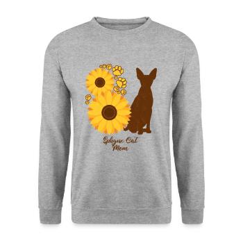 Sonnenblumenmutter - Sphynx-Katze - Unisex Pullover - Weißgrau meliert - Vorne - Alina (178cm) & Michal (187cm)