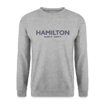 Coordonnées de la ville de Canada - Hamilton - Sweat-shirt Unisexe - gris chiné - Devant - Alina (178cm) & Michal (187cm)