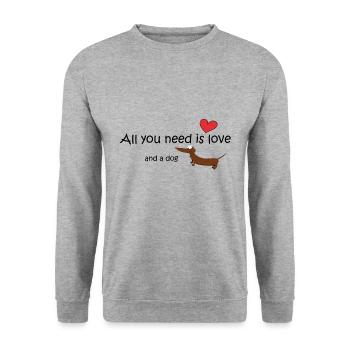 Süßer Comic Dackel mit Spruch - Unisex Pullover - Weißgrau meliert - Vorne - Alina (178cm) & Michal (187cm)